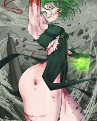 Rule 34 | 1girl, blood, green eyes, green hair, limn044, nosebleed, one-punch man, short hair, solo, tatsumaki, thick thighs, thighs, torn clothes