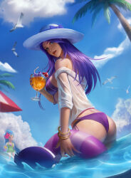 Rule 34 | 2girls, absurdres, animal, ass, bare shoulders, bikini, bird, bracelet, breasts, caitlyn (league of legends), cloud, cup, day, drinking straw, from side, highres, holding, holding cup, holding swim ring, innertube, jewelry, large breasts, league of legends, long hair, looking at viewer, looking to the side, multiple girls, orange919 (zzh), palm tree, pool party caitlyn, pool party zoe, purple bikini, purple hair, shirt, solo focus, swim ring, swimsuit, tree, wading, water, white headwear, white shirt, zoe (league of legends)