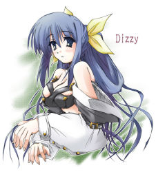 Rule 34 | 1girl, arc system works, blue eyes, blue hair, blush, bow, breasts, character name, cleavage, detached sleeves, dizzy (guilty gear), expressionless, guilty gear, hair bow, hair ribbon, long hair, long sleeves, looking at viewer, matching hair/eyes, nt50, revealing clothes, ribbon, simple background, solo, upper body, white background, yellow ribbon