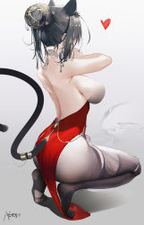 Rule 34 | 1girl, animal ears, arknights, arm up, armpits, ass, back, backless dress, backless outfit, bare shoulders, black hair, black pantyhose, breasts, cat ears, cat girl, cat tail, clothing cutout, dress, earrings, extra ears, from side, full body, hair bun, heart, highres, jewelry, large breasts, long hair, omone hokoma agm, pantyhose, red dress, schwarz (arknights), short hair, sideboob, sidelocks, signature, simple background, single hair bun, solo, squatting, tail, tail ornament, tail ring, tail through clothes, white background