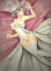 Rule 34 | 1girl, bad id, bad pixiv id, bare shoulders, bed, breasts, caooll, covered erect nipples, dress, garter straps, highres, large breasts, league of legends, looking at viewer, lying, on back, panties, riven (league of legends), short hair, signature, silver hair, solo, thigh gap, thighhighs, underwear, wedding dress, white panties, white thighhighs