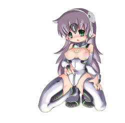 Rule 34 | 1girl, blush, bodysuit, boots, breasts, bridal gauntlets, game console, green eyes, headphones, headset, honey haruru, long hair, medium breasts, microsoft, nipples, open mouth, personification, pointy ears, product girl, purple hair, solo, thigh boots, thighhighs, white thighhighs, xbox 360, xbox 360-tan