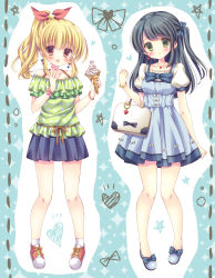 Rule 34 | 2girls, :d, arm at side, bad id, bad pixiv id, bag, black hair, blue bow, blue dress, blue nails, blue skirt, blue theme, bow, bracelet, brown eyes, clenched hands, dress, earrings, flats, food, frilled shirt, frills, full body, green eyes, green shirt, hair bow, hair ornament, hair ribbon, halterneck, hand up, handbag, heart, heart earrings, heart pendant, highres, holding, ice cream, ice cream cone, jewelry, kouta., long hair, looking at viewer, multicolored nails, multiple girls, nail polish, one side up, open mouth, original, outline, pigeon-toed, pleated skirt, polka dot, polka dot shirt, ponytail, red nails, red ribbon, ribbon, shirt, shoes, sidelocks, skirt, smile, sneakers, socks, standing, star (symbol), star hair ornament, white legwear, white outline