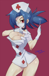 Rule 34 | + +, 1girl, 2016, artist request, blue hair, breasts, choker, cleavage, collarbone, cowboy shot, gloves, hand up, hat, holding, large breasts, latex, latex gloves, looking at viewer, mask, mouth mask, nurse cap, ponytail, red background, red eyes, scalpel, skullgirls, solo, surgical mask, syringe, valentine (skullgirls)