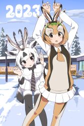 Rule 34 | 2023, 2girls, :o, absurdres, animal earmuffs, animal ears, arabian oryx (kemono friends), arms up, bent over, black hair, blush stickers, brown eyes, brown hair, collared shirt, colored inner hair, day, earmuffs, fake animal ears, feet out of frame, gazelle ears, grey hair, hands up, highres, horns, iwa (iwafish), kemono friends, light brown hair, long sleeves, looking at viewer, medium hair, miniskirt, multicolored hair, multiple girls, necktie, open mouth, outdoors, pantyhose, parted lips, pleated skirt, rabbit ears, rabbit pose, shirt, skirt, smile, snow, standing, sweater vest, thomson&#039;s gazelle (kemono friends), white hair, white shirt, white skirt, wing collar