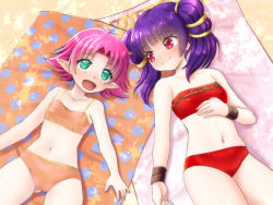 Rule 34 | 2girls, arms at sides, bikini, blunt bangs, blush, closed mouth, collarbone, eyebrows, eyelashes, fae (fire emblem), female focus, fire emblem, fire emblem: the binding blade, fire emblem: the sacred stones, from above, gluteal fold, green eyes, looking at another, lying, midorinor, multiple girls, myrrh (fire emblem), navel, nintendo, on back, open mouth, orange bikini, outdoors, pink hair, pointy ears, polka dot, purple hair, red bikini, red eyes, sand, short hair, side-by-side, smile, stomach, strapless, strapless bikini, swimsuit, towel, wristband