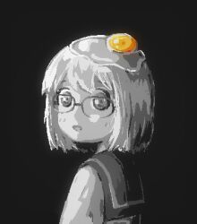 Rule 34 | 1girl, :d, black background, commentary, egg, english commentary, fine art parody, from side, girl with a pearl earring, glasses, greyscale, highres, looking at viewer, monochrome, nonounno, open mouth, parody, pixel art, sailor collar, shimeji simulation, short hair, simple background, smile, spot color, upper body, yamashita majime
