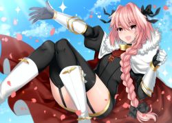 Rule 34 | 1boy, anoshabu, astolfo (fate), black bow, blue sky, bow, braid, day, elbow gloves, fang, fate/apocrypha, fate/grand order, fate (series), garter straps, gloves, hair ribbon, long hair, male focus, multicolored hair, outstretched hand, pink hair, ribbon, sky, smile, streaked hair, thighhighs, very long hair, white hair