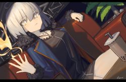 Rule 34 | 1girl, ahoge, black dress, blue jacket, breasts, bubble tea, chair, dress, dutch angle, fate (series), fire, fur collar, fur trim, grey hair, hair between eyes, highres, jacket, jeanne d&#039;arc (fate), jeanne d&#039;arc alter (fate), jeanne d&#039;arc alter (ver. shinjuku 1999) (fate), jewelry, lanzi (415460661), letterboxed, medium breasts, necklace, official alternate costume, shadow, signature, sitting, solo, yellow eyes