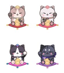 Rule 34 | alternate color, animal, arin (1010 ssu), can (honkai impact), cat, closed eyes, coin, collar, commentary, cushion, facing viewer, gold coin, highres, holding, holding coin, honkai (series), honkai impact 3rd, neckerchief, no humans, open mouth, purple neckerchief, simple background, smile, symbol-only commentary, whiskers, white background, zabuton