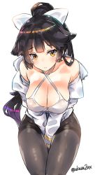 Rule 34 | 1girl, akaza, azur lane, bare shoulders, between legs, bikini, black hair, blush, bow, breasts, cleavage, collarbone, criss-cross halter, hair between eyes, hair bow, hair flaps, halterneck, hand between legs, highres, hip focus, jacket, large breasts, long hair, looking at viewer, military jacket, off shoulder, pantyhose, ponytail, seiza, sitting, solo, swimsuit, swimsuit under clothes, takao (azur lane), thighband pantyhose, thighs, white bikini, white bow, white jacket, yellow eyes