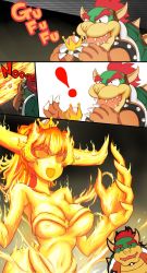 Rule 34 | !, 1boy, 1girl, bowser, breasts, brooch, cleavage, comic, commentary, covered navel, crown, dress, dropping, english text, fire, fujimaru arikui, highres, holding, holding crown, horns, humanization, jewelry, large breasts, mario (series), medium hair, monster girl, motion blur, new super mario bros. u deluxe, nintendo, open mouth, ponytail, sharp teeth, smile, solid circle eyes, standing, strapless, strapless dress, super crown, teeth