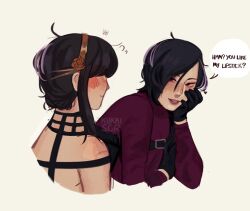 Rule 34 | 2girls, ada wong, artist name, black hair, blush, crossover, english text, gloves, hairband, hand on own face, kukkiscr, lipstick, long hair, looking at another, makeup, multiple girls, resident evil, resident evil 2, short hair, simple background, smile, spy x family, sweater, upper body, yor briar, yuri