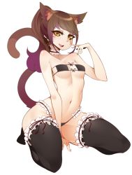 Rule 34 | 1girl, :d, animal ears, arched back, arm support, bare shoulders, between legs, bikini, black bikini, black thighhighs, breasts, bridal garter, brown hair, butterfly tattoo, cat ears, cat girl, cat tail, choker, cleavage, eyepatch bikini, facial mark, full body, halphelt, hand between legs, kneeling, long hair, maid, maid bikini, medium breasts, open mouth, original, ponytail, simple background, smile, solo, string bikini, swept bangs, swimsuit, tail, tattoo, thighhighs, unconventional maid, whisker markings, white background, yellow eyes