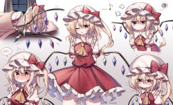Rule 34 | 5girls, angry, bad id, bad pixiv id, blonde hair, blush, bow, collarbone, crystal, flandre scarlet, gradient background, hair between eyes, hat, multiple girls, musical note, one eye closed, pudding (skymint 028), red bow, red skirt, red vest, sad, shirt, side ponytail, signature, skirt, tears, touhou, vest, white headwear, white shirt, wings, yellow neckwear