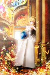 Rule 34 | 1girl, absurdres, ahoge, artoria pendragon (all), artoria pendragon (fate), bad id, bad pixiv id, blonde hair, bouquet, bride, bug, butterfly, dress, elbow gloves, fate/stay night, fate (series), flower, gloves, glowing, green eyes, highres, insect, magicians (zhkahogigzkh), official alternate costume, official style, saber (fate), saber (royal dress) (fate), short hair, smile, solo, wedding dress, white dress