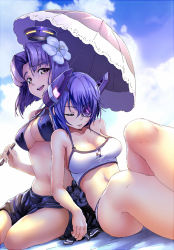 Rule 34 | 10s, 2girls, bikini, breasts, cleavage, day, covered erect nipples, eyepatch, closed eyes, hair ornament, holding, holding umbrella, kantai collection, large breasts, looking at viewer, magenta (atyana), medium breasts, multiple girls, outdoors, parted lips, purple hair, reclining, short hair, sitting, smile, swimsuit, tatsuta (kancolle), tenryuu (kancolle), umbrella