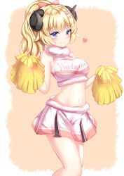 Rule 34 | 1girl, bare shoulders, blonde hair, blue eyes, bow, breasts, cheerleader, clothes writing, crop top, curled horns, fur trim, hair bow, hair ornament, hairclip, heart, highres, holding, holding pom poms, hololive, horns, large breasts, long hair, looking at viewer, midriff, miniskirt, navel, pleated skirt, pom pom (cheerleading), ponytail, sheep horns, shirt, skirt, sleeveless, sleeveless shirt, smile, solo, standing, stomach, thighs, tsunomaki watame, virtual youtuber, white shirt, white skirt, yuano
