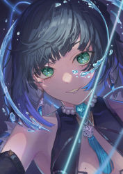 Rule 34 | 1girl, absurdres, bare shoulders, bead necklace, beads, black background, bob cut, breasts, brooch, diagonal bangs, dice, genshin impact, glowing, green eyes, grin, highres, hydrokinesis, jewelry, mole, mole on breast, multicolored hair, neck tassel, necklace, nonori i, parted lips, portrait, short hair, smile, solo, string, tassel choker, twitter username, water, yelan (genshin impact)