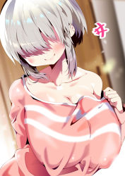 Rule 34 | 1girl, aloe (kenkou3733), blush, bob cut, breasts, cleavage, closed mouth, clothes pull, collarbone, covered erect nipples, covered eyes, hair over eyes, heart, highres, huge breasts, impossible clothes, indoors, long bangs, no eyes, nose blush, open mouth, pink shirt, shiny skin, shirt, shirt pull, short hair, short hair with long locks, silver hair, smile, solo, striped, upper body, uzaki-chan wa asobitai!, uzaki yanagi