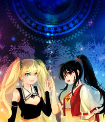 Rule 34 | 2girls, black hair, blonde hair, blue eyes, blush, breasts, center opening, cleavage, detached sleeves, high five, huazha01, long hair, magic circle, midriff, multiple girls, night, open mouth, original, ponytail, red eyes, smile, tree, twintails