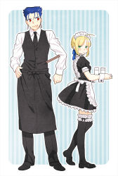 Rule 34 | 1boy, 1girl, ahoge, alternate costume, apron, artoria pendragon (all), artoria pendragon (fate), bad id, bad pixiv id, black thighhighs, blonde hair, blue hair, cu chulainn (fate), cu chulainn (fate/stay night), earrings, enmaided, fate/stay night, fate (series), glass, green eyes, hair ribbon, jewelry, maid, maid apron, maid headdress, mary janes, necktie, official alternate costume, open mouth, puffy sleeves, red eyes, ribbon, saber (fate), shoes, smile, taa (acid), thighhighs, waiter