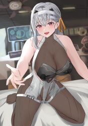Rule 34 | 1girl, :d, absurdres, armor, bandaged head, bandages, bare shoulders, blush, bodystocking, boobplate, breastplate, breasts, cleavage, commentary request, covered collarbone, dress, goddess of victory: nikke, grey hair, hair between eyes, hair ribbon, highres, indoors, large breasts, long hair, looking at viewer, modernia (nikke), on bed, open mouth, partial commentary, peli cantaro, red eyes, ribbon, see-through, see-through cleavage, shadow, sitting, smile, solo, wariza, white dress, yellow ribbon