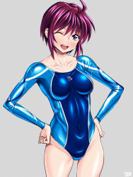 Rule 34 | 00s, 1girl, ;d, ahoge, alternate costume, blue eyes, blush, breasts, breasts apart, clenched hands, collarbone, covered navel, grey background, groin, gundam, gundam seed, gundam seed destiny, hands on own hips, head tilt, highleg, highleg leotard, impossible clothes, impossible leotard, leotard, looking at viewer, lunamaria hawke, one eye closed, open mouth, purple hair, sen (sansui), shiny clothes, short hair, signature, simple background, skin tight, smile, solo, sparkle, standing