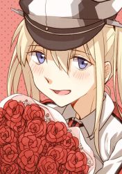 Rule 34 | 1girl, :d, asakawa shinka, blonde hair, blue eyes, blush, bouquet, collared shirt, dotted background, flower, graf zeppelin (kancolle), hair between eyes, hair tie, hat, kantai collection, long hair, looking at viewer, military, military hat, necktie, open mouth, peaked cap, red background, red flower, shirt, sidelocks, smile, solo, twintails, upper body, white shirt