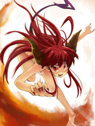 Rule 34 | 1girl, absurdres, barefoot, claws, cloud, demon girl, face, foreshortening, highres, horns, jumping, long hair, nude, original, pointy ears, red eyes, red hair, slit pupils, solo, taicho128, tail