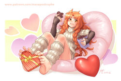 Rule 34 | 2021, bag, bare legs, barefoot, bow, braid, braided bangs, candy, chocolate, chocolate heart, eating, feet, fingerless gloves, food, foot focus, holding with feet, full mouth, gloves, heart, heart-shaped pillow, holding, holding bag, holding food, leg warmers, les chevaucheurs, long hair, long sleeves, looking at viewer, maxa&#039;, messy hair, orange hair, patreon username, phenice walholl, pillow, solo, spread toes, striped, sweater, toes, turtleneck, turtleneck sweater, twin braids, white background, white leg warmers, wrapped, yellow eyes
