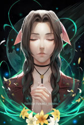 Rule 34 | 1girl, aerith gainsborough, brown hair, choker, closed eyes, final fantasy, final fantasy vii, final fantasy vii remake, flower, flower choker, hair ribbon, jacket, lifestream, long hair, meteor, nikusenpai, own hands clasped, own hands together, parted bangs, pink ribbon, portrait, red jacket, ribbon, sidelocks, solo, upper body, wavy hair, yellow flower