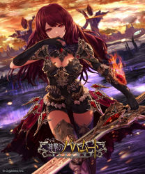 Rule 34 | 1girl, armor, bad id, bad pixiv id, black gloves, black shorts, boots, breasts, cleavage, copyright name, elbow gloves, fire, floating hair, gloves, grey footwear, holding, holding sword, holding weapon, jname, knee boots, large breasts, long hair, looking at viewer, outdoors, red eyes, red hair, shingeki no bahamut, short shorts, shorts, shoulder armor, smile, solo, pauldrons, sword, thighhighs, walking, weapon