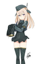 Rule 34 | 10s, 1girl, black thighhighs, blonde hair, blue eyes, clothes writing, darkmaya, dated, elbow gloves, garrison cap, gloves, gluteal fold, hair ornament, hat, kantai collection, long hair, looking at viewer, military, military uniform, no panties, pants, unworn pants, puffy sleeves, signature, simple background, solo, thighhighs, u-511 (kancolle), uniform, wet, wet clothes, white background