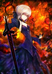 Rule 34 | 1girl, artoria pendragon (fate), breasts, cleavage, detached sleeves, dress, excalibur morgan (fate), fate/grand order, fate/stay night, fate (series), fire, highres, kaze minoru so-ru, mask, unworn mask, saber (fate), saber alter, small breasts, solo, yellow eyes