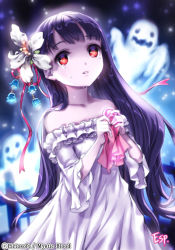 Rule 34 | 1girl, bare shoulders, black hair, character request, copyright name, crying, crying with eyes open, dress, esphy, flower, ghost, hair flower, hair ornament, long hair, long sleeves, mystic blood, red eyes, solo, tears, white dress