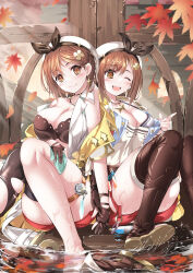 Rule 34 | 2girls, ;d, age comparison, atelier (series), atelier ryza, atelier ryza 1, atelier ryza 2, barefoot, beret, boots, bow, bra, braid, breasts, brown bra, brown eyes, brown footwear, brown gloves, brown hair, cleavage, clover hair ornament, commentary request, doppelganger, drop earrings, earrings, ehecatlflugel, falling leaves, gloves, hair behind ear, hair ornament, hairclip, hat, hat bow, highres, holding hands, jewelry, knees up, large breasts, leaf, looking at viewer, maple leaf, multiple girls, necklace, one eye closed, open clothes, open mouth, open shirt, outdoors, partially fingerless gloves, partially submerged, red shorts, reisalin stout, shirt, short shorts, shorts, sidelocks, single braid, single earring, single thighhigh, sitting, sleeveless, sleeveless shirt, smile, star (symbol), star earrings, star necklace, thigh boots, thighhighs, thighhighs under boots, thighs, time paradox, toeless footwear, torn clothes, torn thighhighs, underwear, unworn boots, vial, wet, white bra, white headwear, white shirt, white thighhighs
