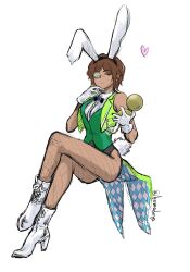 Rule 34 | 1girl, animal ears, black leotard, boots, brown eyes, brown hair, closed mouth, collared shirt, crossed legs, dark-skinned female, dark skin, fishnet pantyhose, fishnets, gloves, green vest, highres, holding, holding pocket watch, invisible chair, komodeya, leotard, limbus company, looking at viewer, outis (project moon), pantyhose, pocket watch, project moon, rabbit ears, rabbit tail, shirt, simple background, sitting, solo, tail, vest, watch, white background, white footwear, white gloves, white shirt