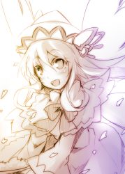 Rule 34 | 1girl, bow, capelet, dress, hat, kazetto, lily white, long hair, long sleeves, monochrome, open mouth, smile, solo, touhou, wings