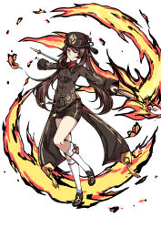 Rule 34 | 1girl, black footwear, black hat, black jacket, black shorts, breasts, brown hair, chahei, fire, full body, genshin impact, grin, hat, highres, holding, holding staff, hu tao (genshin impact), jacket, long hair, long sleeves, looking at viewer, pyrokinesis, red eyes, red shirt, shirt, shoes, short shorts, shorts, simple background, sleeves past wrists, small breasts, smile, socks, solo, staff, standing, standing on one leg, twintails, very long hair, white background, white socks