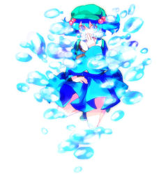Rule 34 | 1girl, backpack, bad id, bad pixiv id, bag, blue eyes, blue hair, bubble, covering own mouth, dada, dada (dolce), female focus, hair bobbles, hair ornament, hand over mouth, hand over own mouth, hat, kawashiro nitori, matching hair/eyes, randoseru, short hair, solo, touhou, twintails, two side up