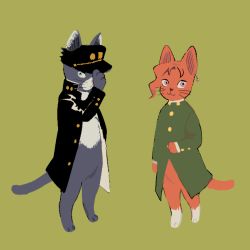 Rule 34 | 2boys, :&lt;, :3, adjusting clothes, adjusting headwear, animal ear fluff, animal ears, animal nose, arm at side, black coat, black headwear, blue eyes, body fur, buttons, cat boy, cat ears, cat tail, closed mouth, coat, earrings, expressionless, from side, full body, furrification, furry, furry male, gakuran, green background, green coat, hand on headwear, hand up, hat, high collar, jewelry, jojo no kimyou na bouken, kakyoin noriaki, kuujou joutarou, long coat, long sleeves, looking at viewer, looking to the side, male focus, multiple boys, open clothes, open coat, peaked cap, purple eyes, school uniform, shiny clothes, simple background, smile, snout, standing, stardust crusaders, tail, two-tone fur, wavy hair, whiskers, zabu