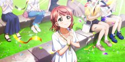 Rule 34 | 1girl, absurdres, alternate hairstyle, artist name, artist request, bag, blush, bracelet, braid, breasts, collarbone, dress, dress shirt, female focus, flower print, french braid, green eyes, hair ornament, hairclip, handbag, highres, jewelry, looking at viewer, love live!, love live! nijigasaki high school idol club, love live! school idol festival, love live! school idol festival all stars, miniskirt, orange hair, own hands together, parted lips, plaid, plaid skirt, pleated, pleated skirt, red hair, ribbon, shirt, short hair, short sleeves, shoulder bag, skirt, small breasts, smile, solo, summer on stage!! (love live!), summer on stage (love live!), uehara ayumu, white ribbon, white shirt, white skirt, yellow eyes