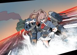 Rule 34 | 1girl, blue eyes, breasts, flower, gloves, hair between eyes, highres, kantai collection, large breasts, ocean, open mouth, outdoors, perspective, pleated skirt, ponytail, red flower, red neckwear, red rose, rigging, rose, sheffield (kancolle), skirt, sky, smoke, solo, suke (share koube), water, watercraft, white gloves, white skirt