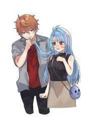 Rule 34 | 1boy, 1girl, absurdres, azura cecillia, bag, black pants, black sweater, blue eyes, blue hair, blush, braid, breasts, brown hair, clenched hand, commentary, commission, dating, english commentary, genshin impact, grey shirt, hair behind ear, hand on own chest, handbag, hetero, highres, holding, holding hair, large breasts, long hair, looking down, mio (yuki mochi), multicolored hair, nijisanji, nijisanji id, open mouth, pants, pink hair, red shirt, second-party source, shirt, side braid, sleeveless, sleeveless sweater, smelling hair, smile, streaked hair, surprised, sweater, tartaglia (genshin impact), virtual youtuber, white background