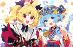 Rule 34 | 2girls, :d, ahoge, ainu, ainu clothes, aldin nicola, belt, belt buckle, blonde hair, blouse, blue eyes, blue hair, brown belt, buckle, center frills, commentary request, confetti, flower, flower-shaped pupils, forehead jewel, frills, gloves, hair flower, hair ornament, highres, holding hands, interlocked fingers, jacket, kokoroni nonno, long hair, long sleeves, mamyouda, multiple girls, open clothes, open jacket, open mouth, pointing, pointing at viewer, red eyes, red gloves, red jacket, seventh happiness, shirt, short eyebrows, simple background, smile, symbol-shaped pupils, thick eyebrows, twintails, virtual youtuber, white background, white flower, white shirt, wide sleeves, yellow flower