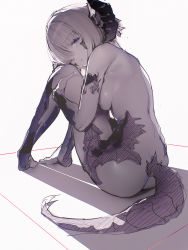 Rule 34 | 1girl, ass, au ra, warrior of light (ff14), back, bad id, bad twitter id, breasts, feet, final fantasy, final fantasy xiv, from behind, grey background, greyscale, highres, horns, hugging own legs, kaede (sayappa), lizard tail, looking at viewer, medium breasts, monochrome, nude, purple eyes, purple theme, reptile girl, scales, shadow, short hair, sideboob, simple background, solo, tail