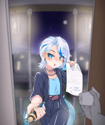 Rule 34 | 1girl, alternate hairstyle, blue eyes, blue hair, city lights, contract, door, doorway, fins, fish tail, formal, gawr gura, grey hair, highres, hololive, hololive english, jacket, jewelry, lawyer, long hair, moral cacoethes, multicolored hair, necklace, pants, paper, pen, petite, pov doorway, shark tail, short hair, streaked hair, suit, tail, virtual youtuber