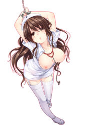 Rule 34 | 1girl, :o, bdsm, bondage, bound, breasts, brown eyes, brown hair, chain, chained, cuffs, cum, cum on body, cum on upper body, highres, itou nanami, large breasts, legs, long hair, nipples, nurse, open clothes, original, solo, stethoscope, thighhighs, white thighhighs