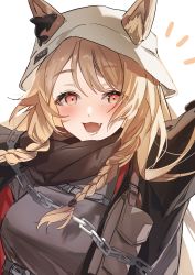 Rule 34 | 1girl, :d, animal ears, arknights, black jacket, black scarf, blush, braid, breasts, brown hair, ceobe (arknights), ceobe (unfettered) (arknights), chain, dog ears, ears through headwear, fang, grey shirt, highres, jacket, large breasts, long hair, looking at viewer, official alternate costume, okometu b, open clothes, open jacket, open mouth, red eyes, scarf, shirt, simple background, smile, solo, twin braids, upper body, white background